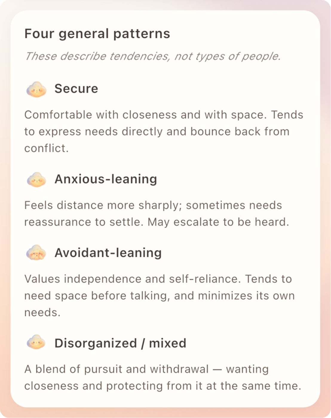 Four attachment patterns described as tendencies, not types of people