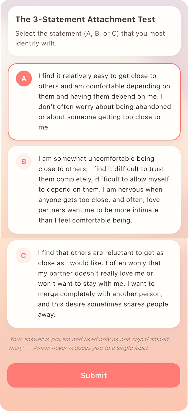 Three-statement attachment self-reflection with a privacy and no-fixed-labels note