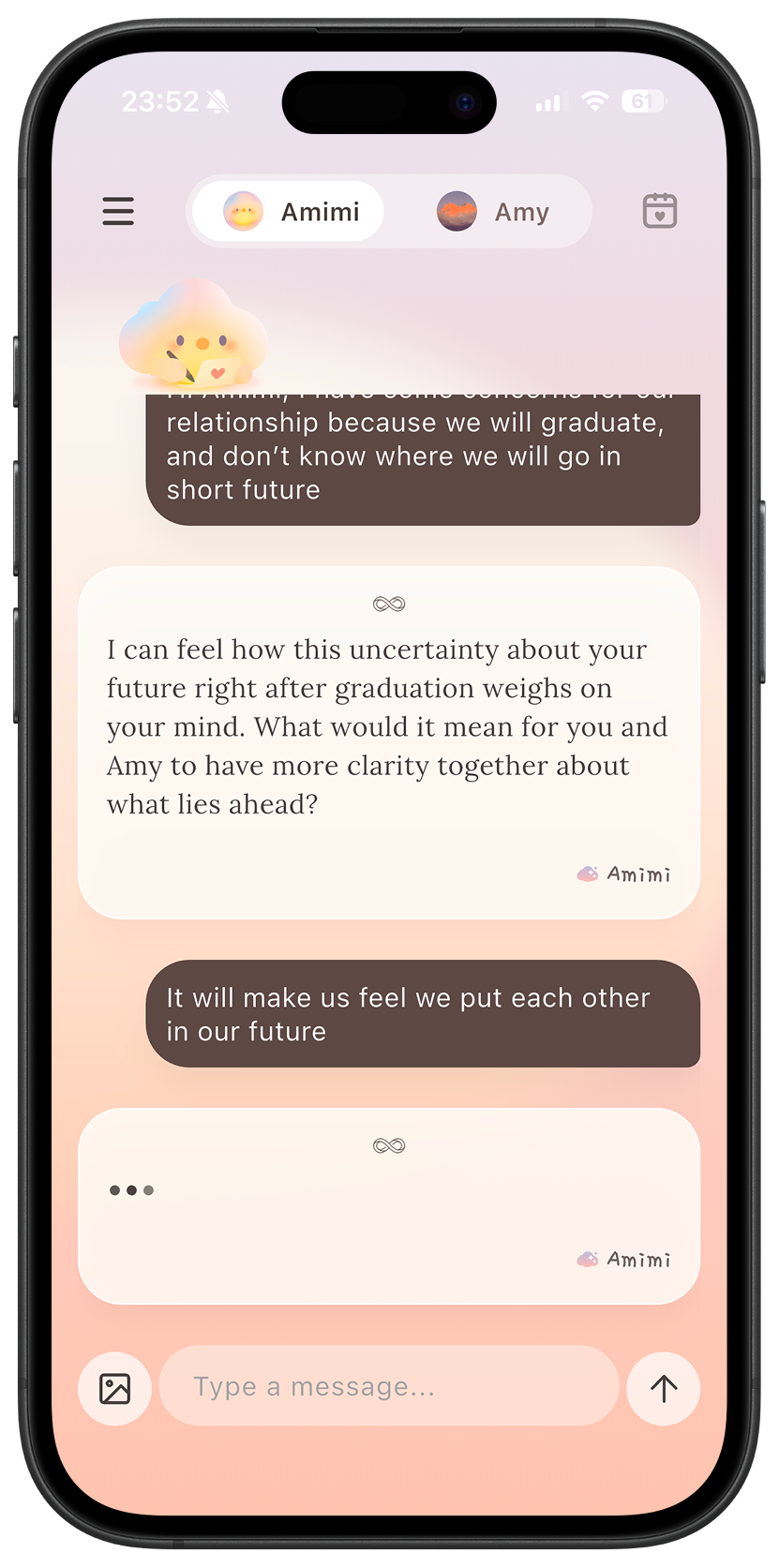 An individual conversation with Amimi offers relationship guidance