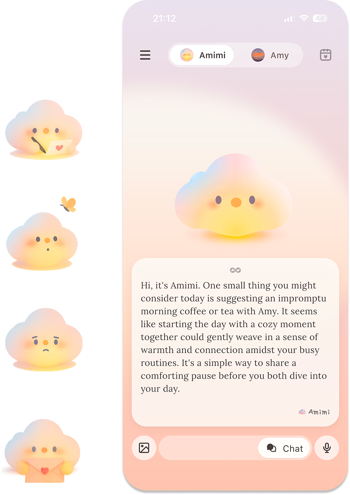 Amimi cloud character with four emotional expressions and the redesigned interface