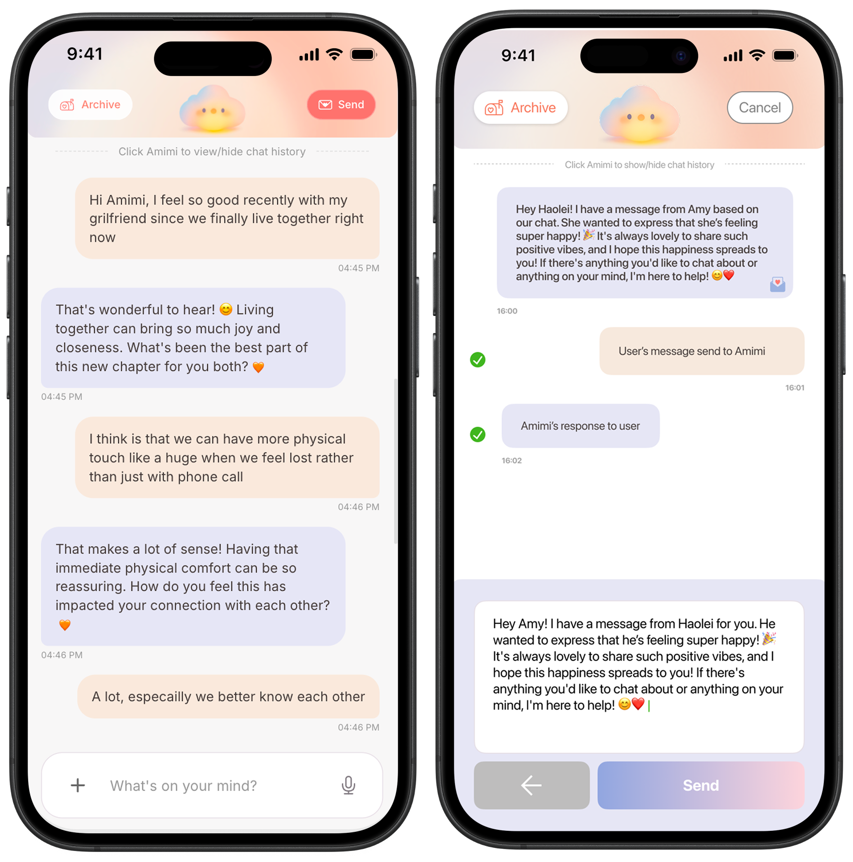 Amimi as a mediator in MVP 2: two screens showing partners communicating through Amimi