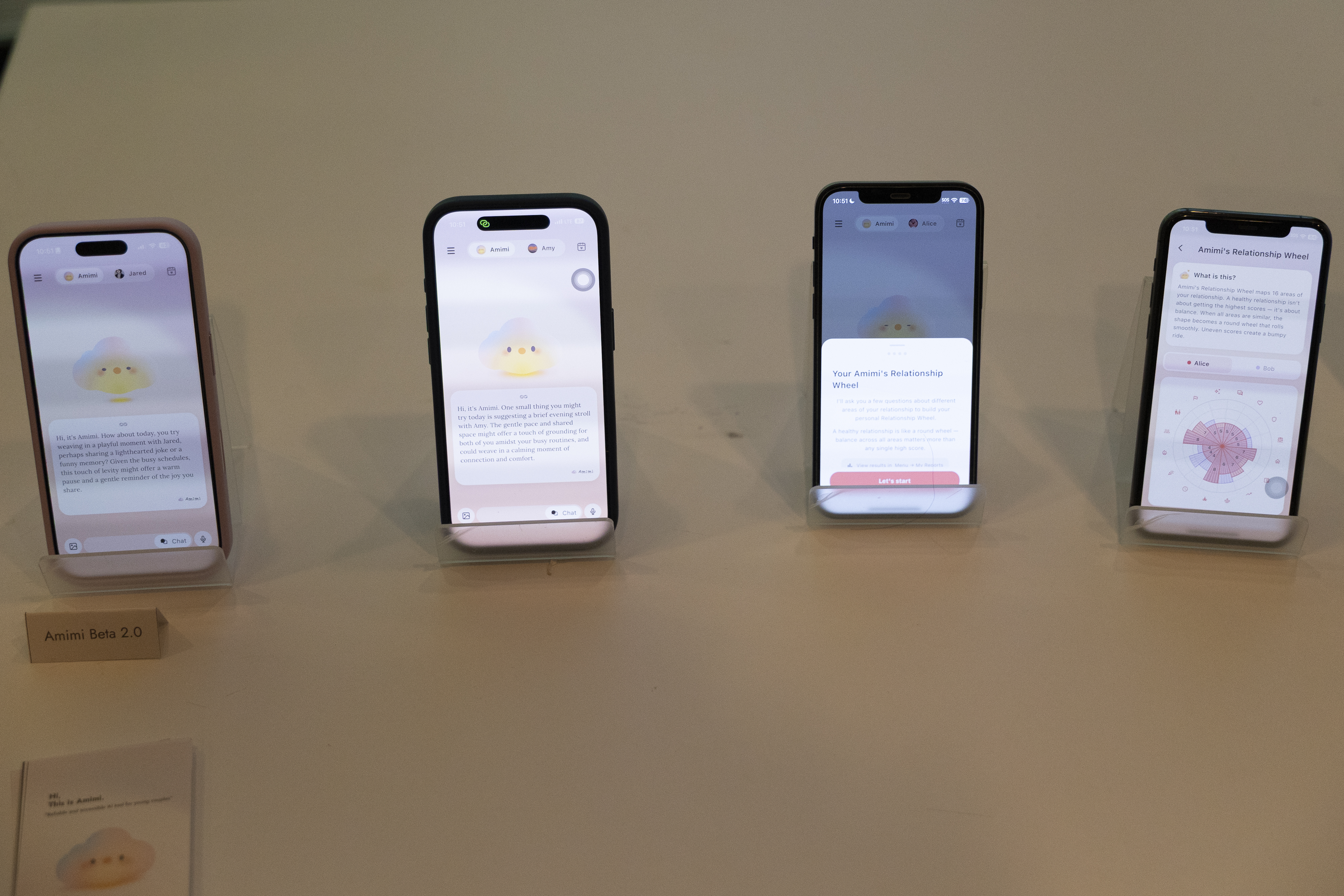 Four phones displaying Amimi Beta 2.0 conversations and Relationship Wheel screens