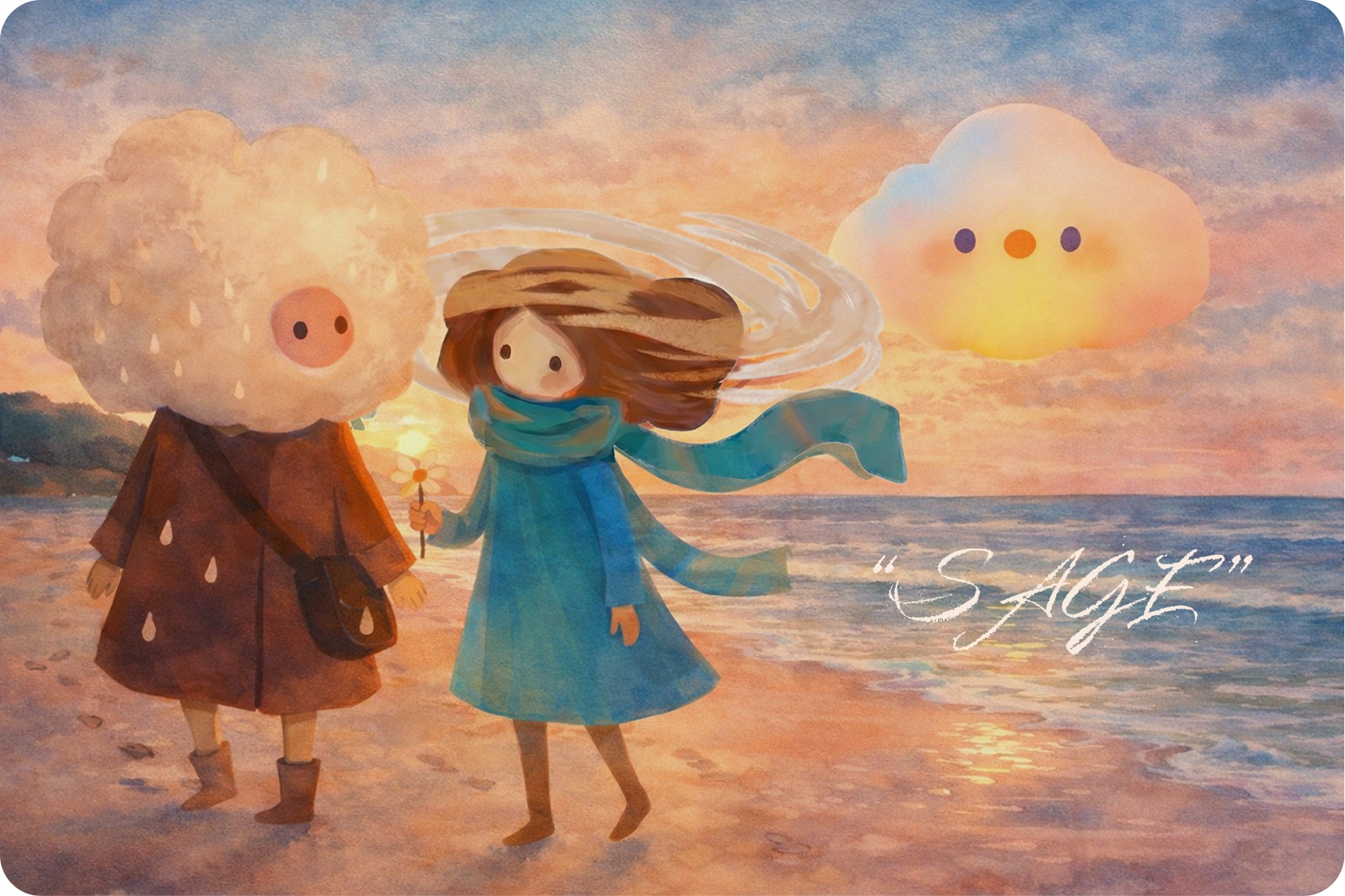 Sage-inspired Amimi visual concept with two companions and the sunset cloud spirit