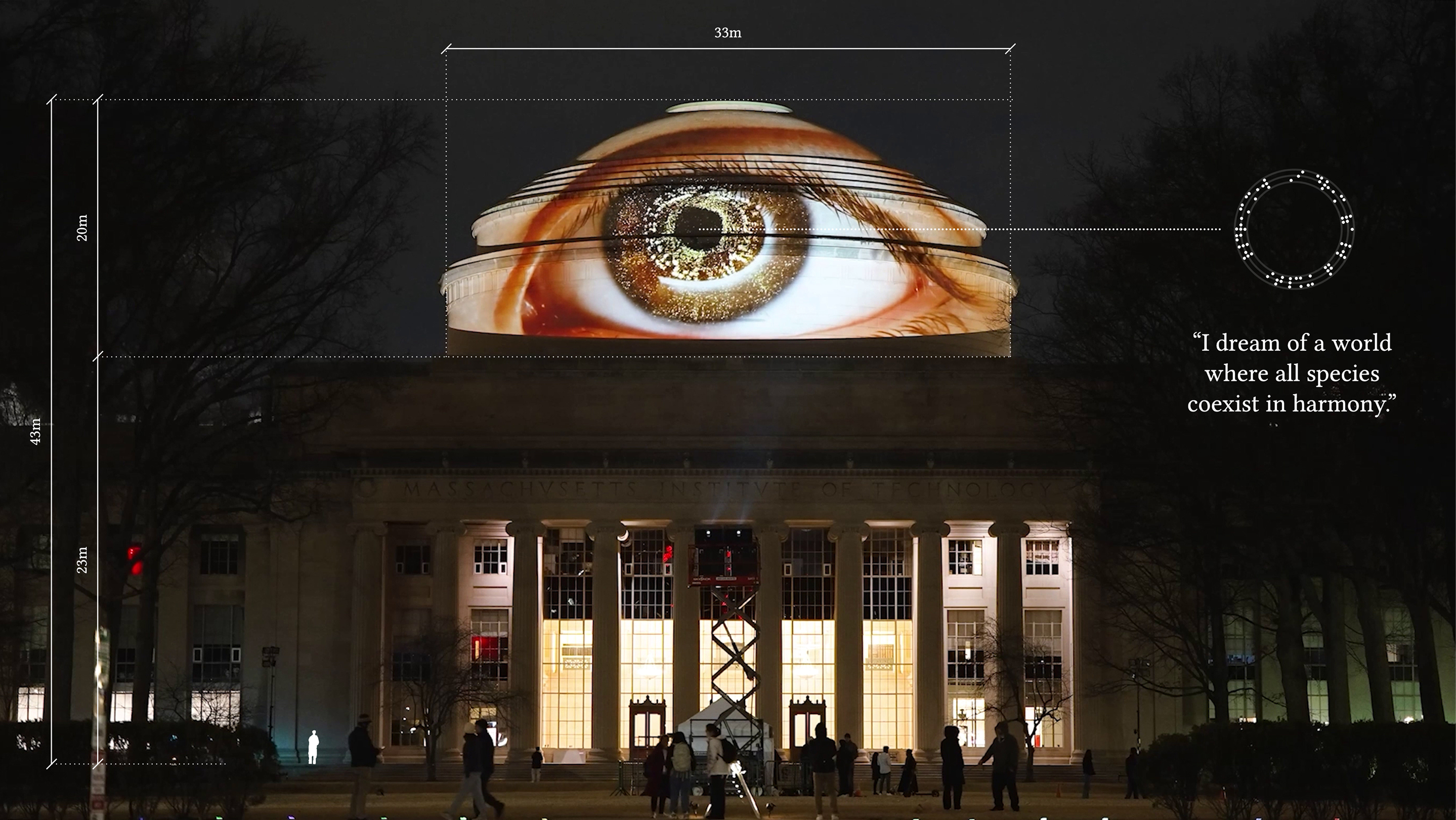 A participant’s eye and encoded story projected onto MIT’s Dome